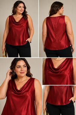 Vintage Michaelangelo Wine Satin Cowl Neck Sleeveless Evening Top Size 22